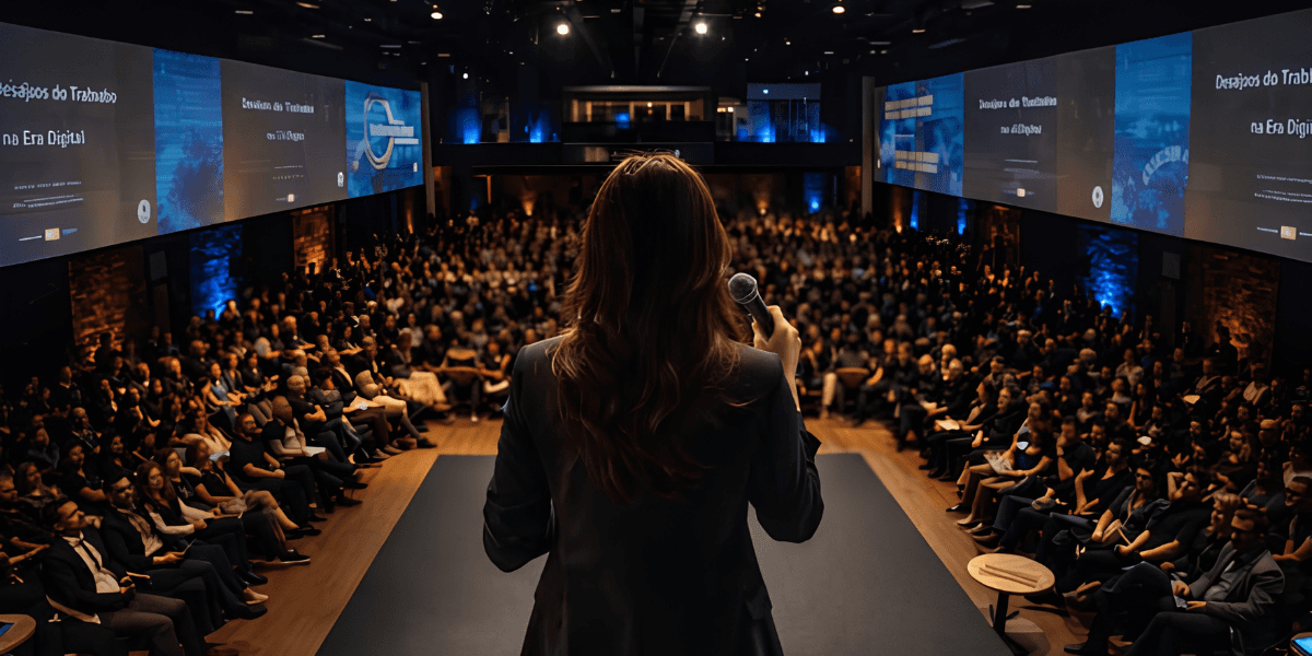 A speaker addresses a large audience in a well-lit conference hall.
