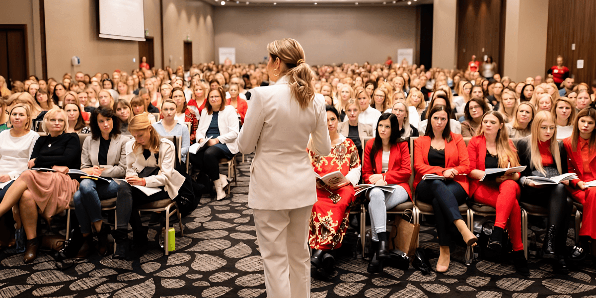 A speaker addresses a large audience of women at a conference or seminar