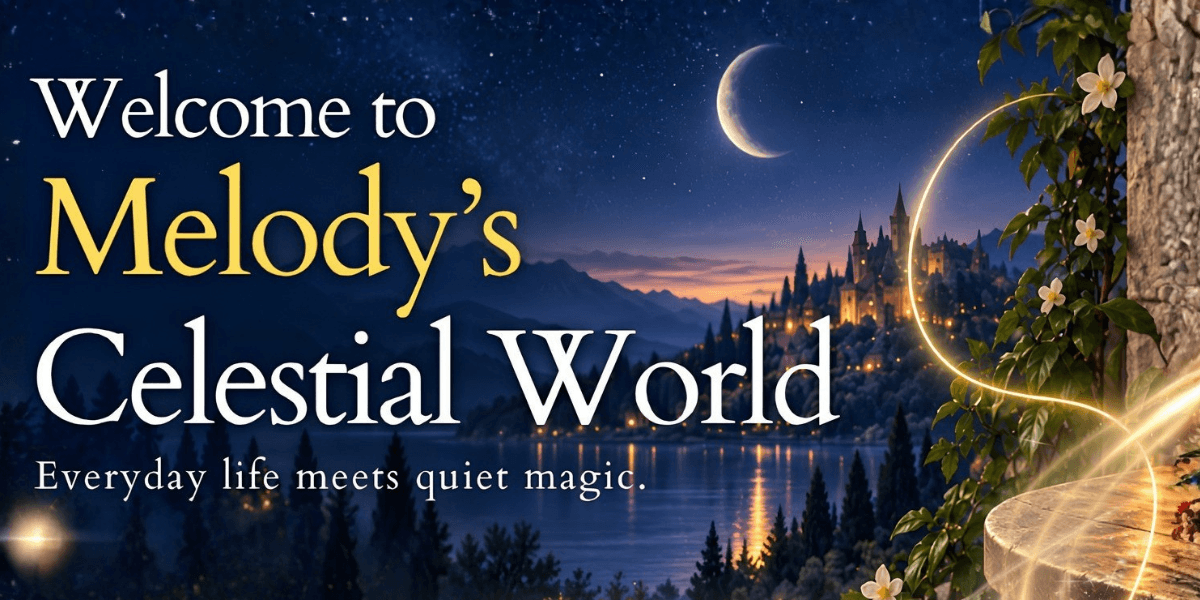 Text promoting Melody's Celestial World with a night scene featuring a castle and moon.