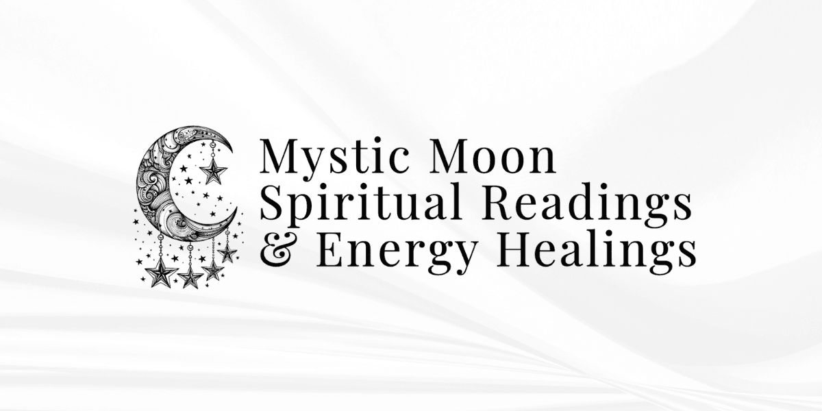 Logo for Mystic Moon featuring a crescent moon and stars with text about spiritual services