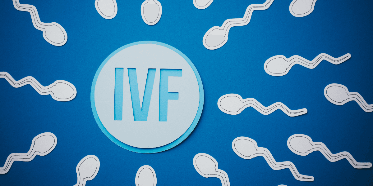 Illustration of sperm around a circular IVF emblem on a blue background