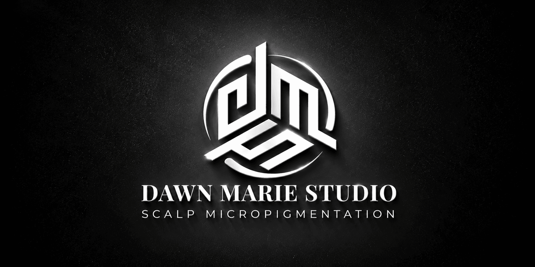 Logo for Dawn Marie Studio featuring a stylized design and text about scalp micropigmentation