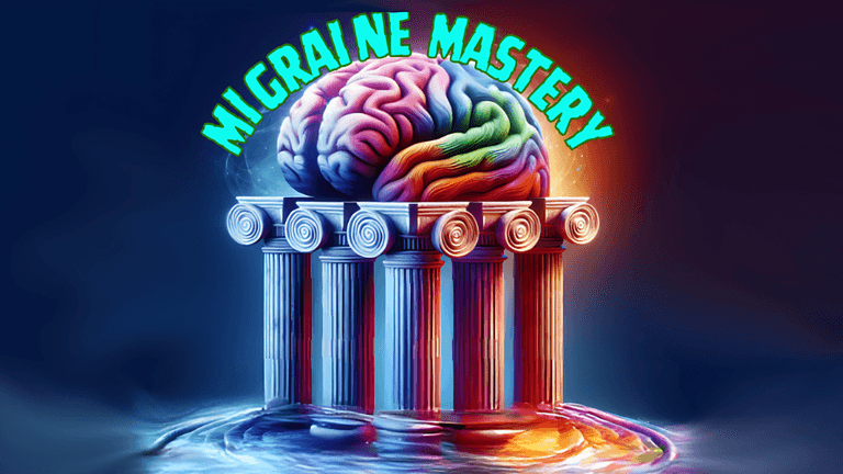 Colorful brain atop five pillars with text "Migraine Mastery," symbolizing expert-led migraine education and control strategies.