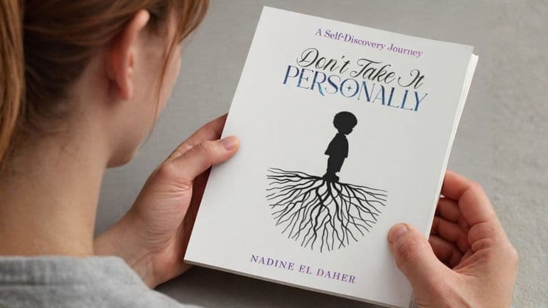 A person holding the book "Don't Take It Personally" by Nadine El Daher, with the book’s cover visible.