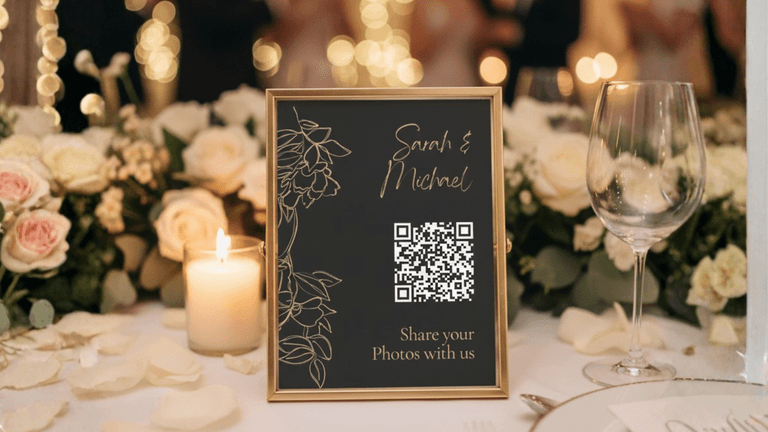 Framed sign with QR code for guests to share photos at a wedding event, featuring floral decorations and candles.