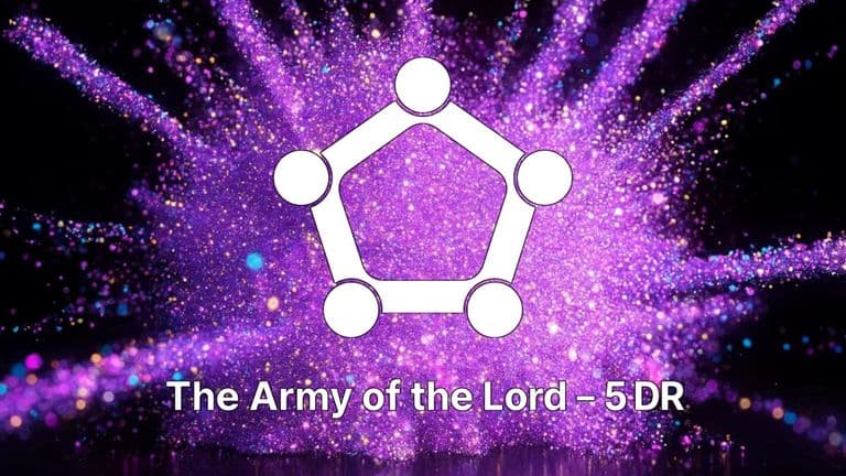 Purple sparkles background with a geometric pentagon logo representing Army of the Lord - 5 DR, empowering women leaders.