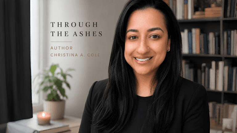 Author Christina A. Cole smiling in a home office with bookshelves and natural light.