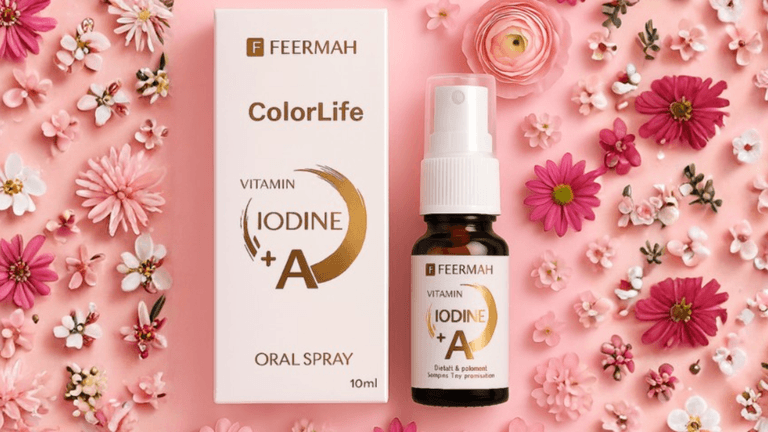 ColorLife® Vitamin Iodine + A oral spray surrounded by flowers, highlighting its wellness benefits.