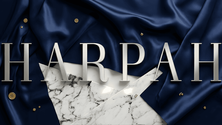 HARPAH logo over dark blue fabric with marble textures and gold accents, conveying luxury athletic branding.