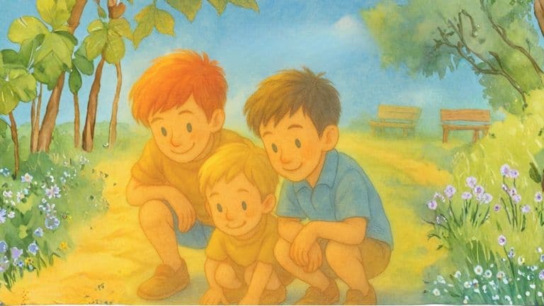 Three young boys crouch together on a sunny path, surrounded by vibrant flowers and lush greenery, smiling warmly.