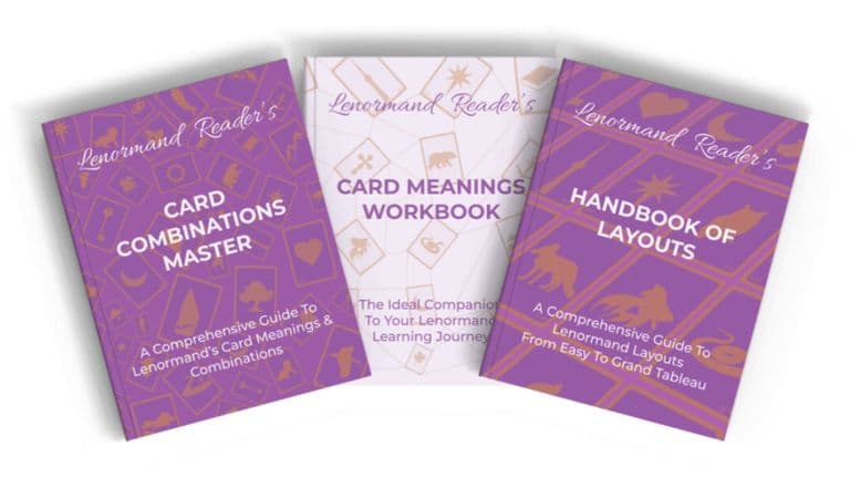 Three Lenormand guides focused on card combinations, meanings, and layouts for clear, practical divination insights and learning.