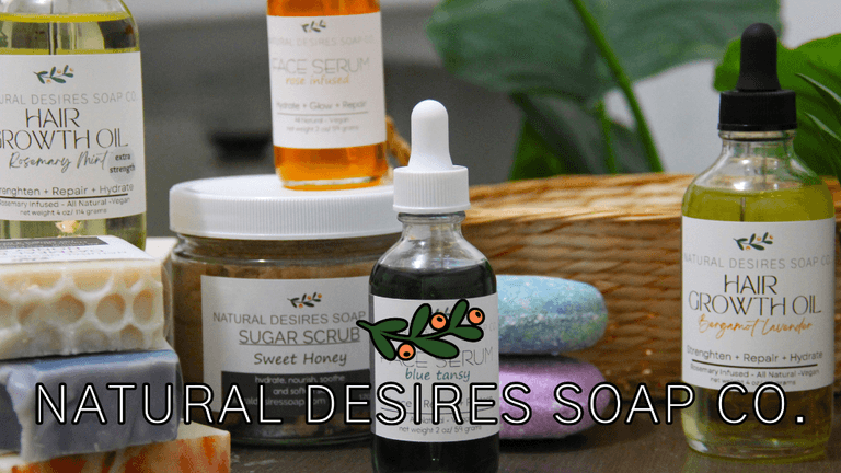 "Natural Desires Soap Company’s product lineup, featuring hair growth oil, face serum, and sugar scrub, focuses on all-natural, vegan skincare solutions."