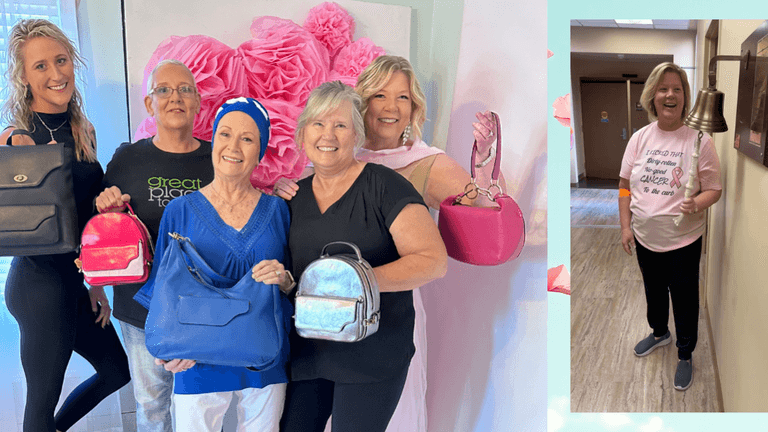 A woman cancer survivor proudly holding luxury handbags from her brand Daneault, which reflects resilience, sustainability, and elegance.