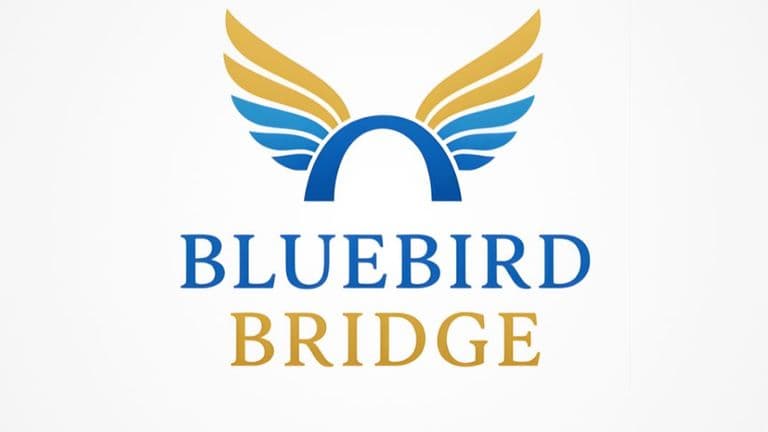 Logo of Bluebird Bridge, featuring wings and an arch, symbolizing growth, empowerment, and a path to global peace.