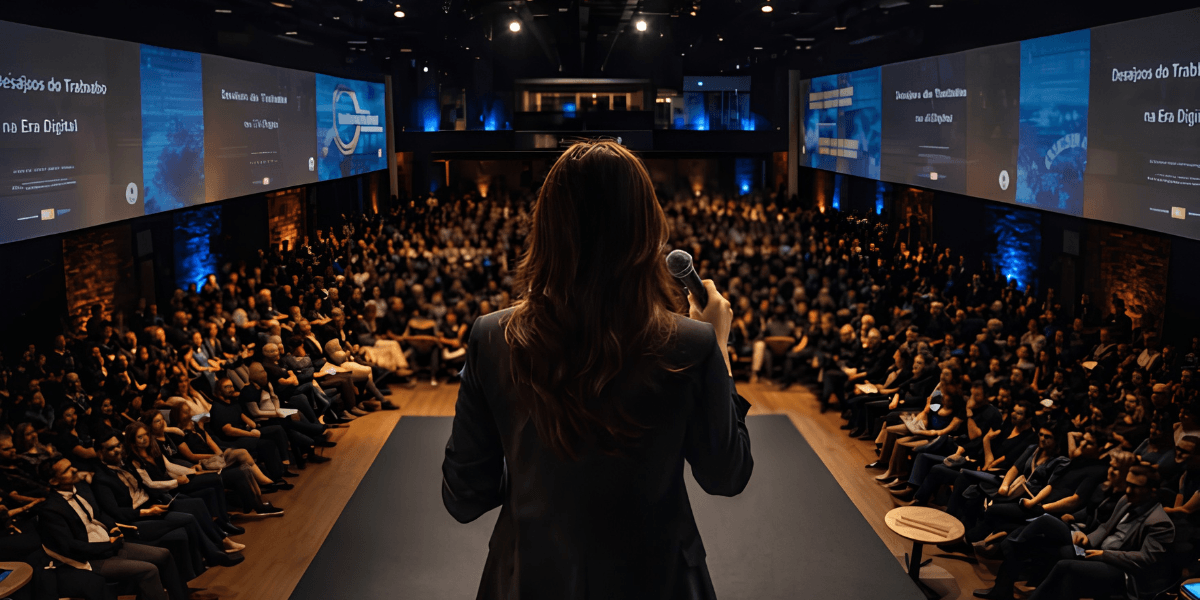 A speaker addresses a large audience in a well-lit conference hall.
