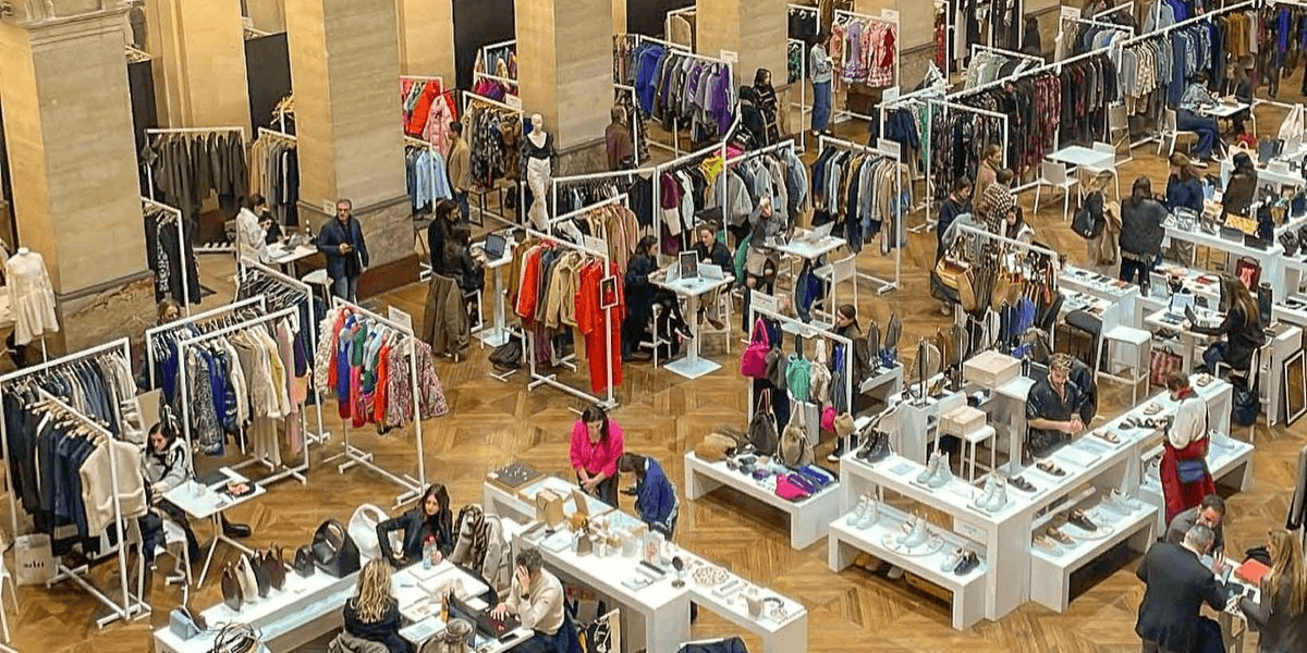 A bustling fashion exhibition featuring various clothing and accessory displays with attendees shopping.