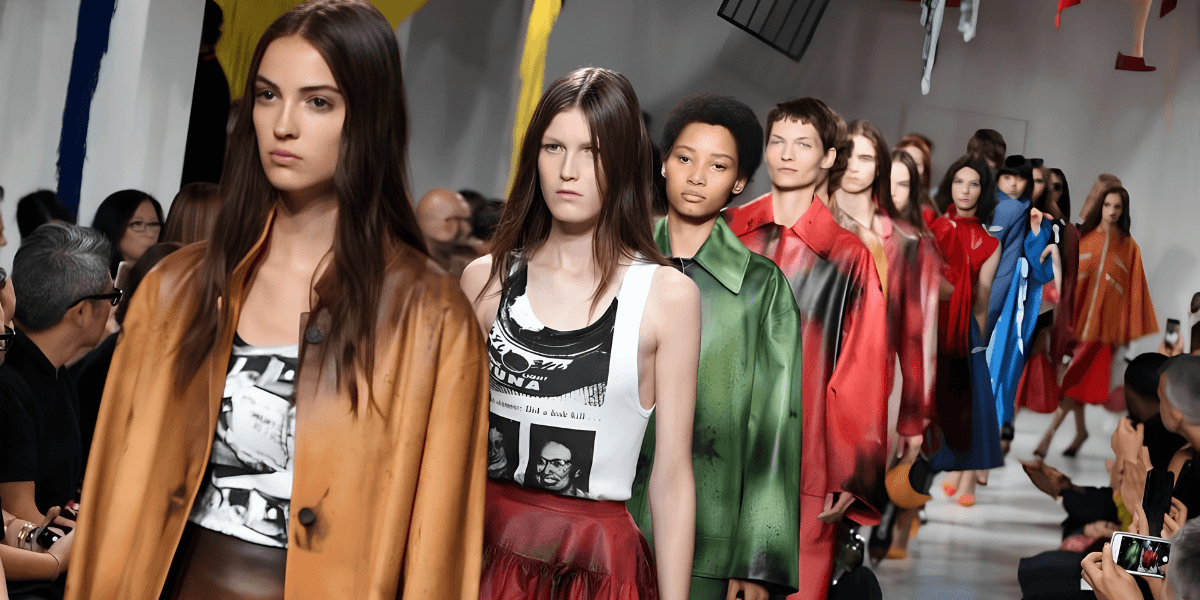 Models walking down a runway in colorful fashion during a clothing showcase