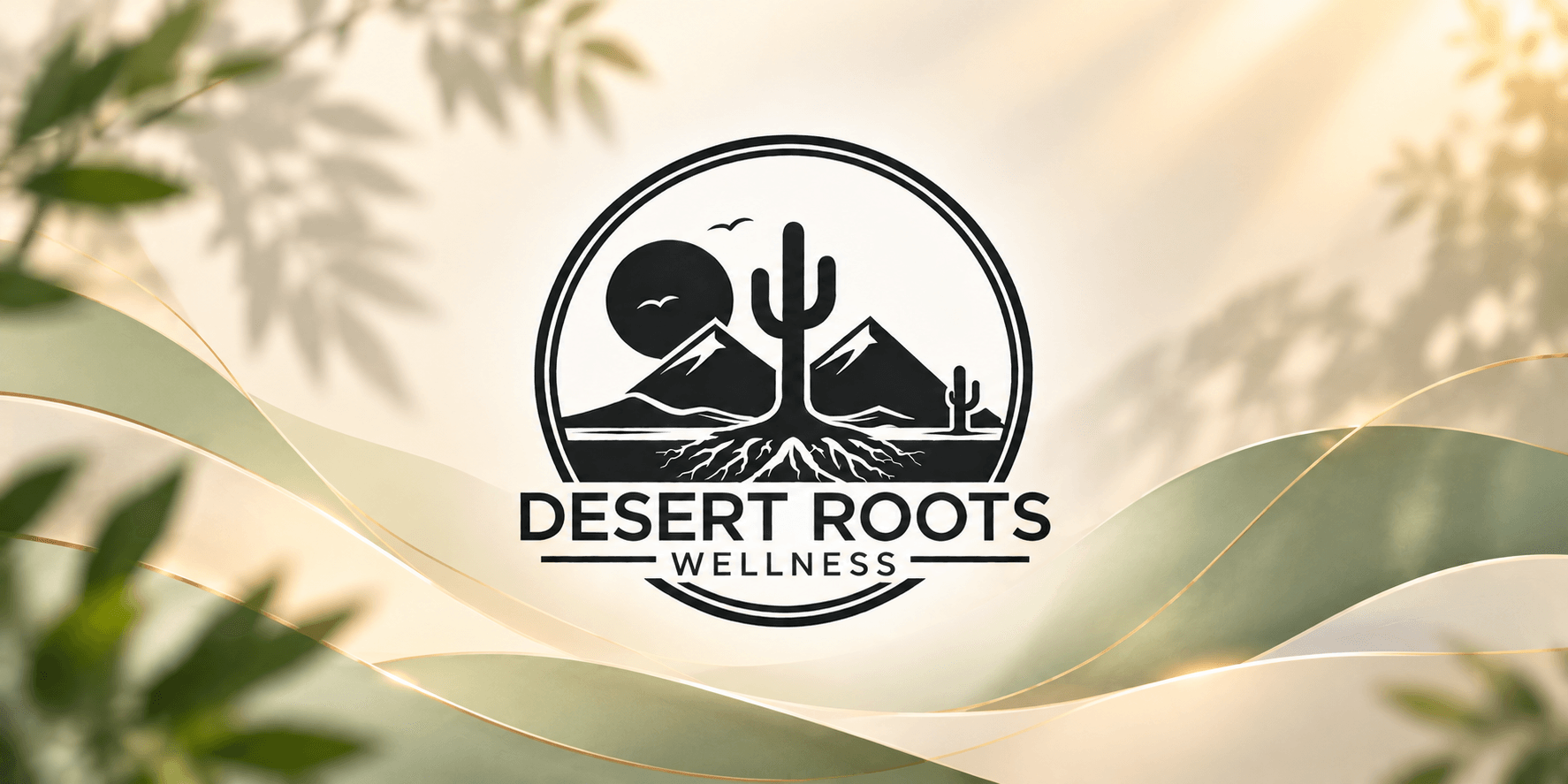 Logo for Desert Roots Wellness featuring mountains, a cactus, and a sun design