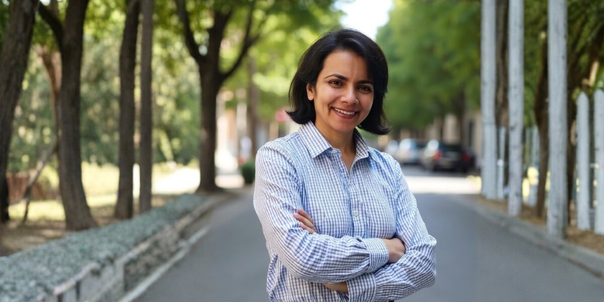 Smiling woman in checkered shirt standing with crossed arms on a quiet tree-lined street.