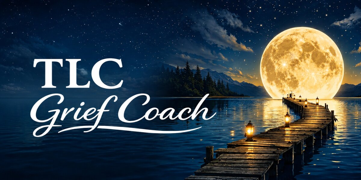 Moonlit lake with wooden dock and lanterns beside TLC Grief Coach logo.