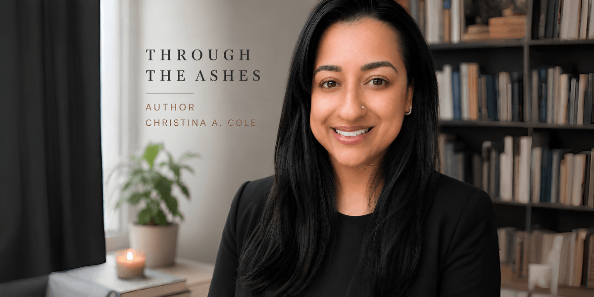 Author Christina A. Cole smiling in a home office with bookshelves and natural light.