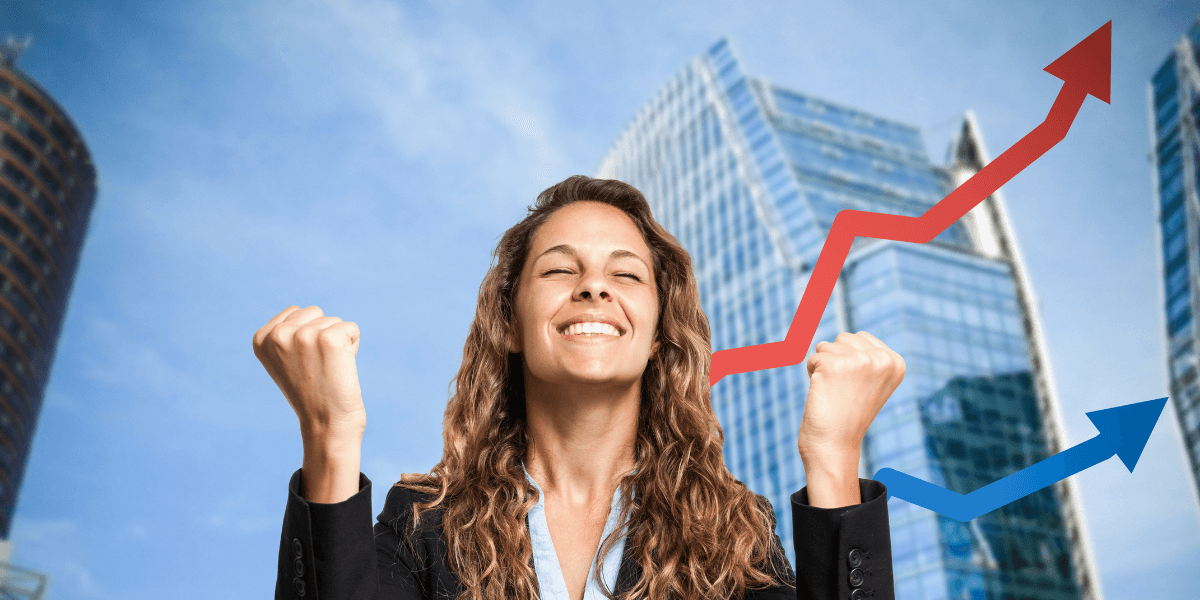 Businesswoman celebrating career success with rising financial growth charts and office buildings in the background.