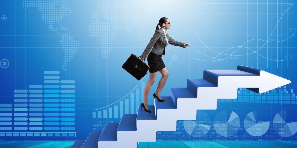 Businesswoman climbing arrow-shaped stairs with a briefcase against a financial data background.