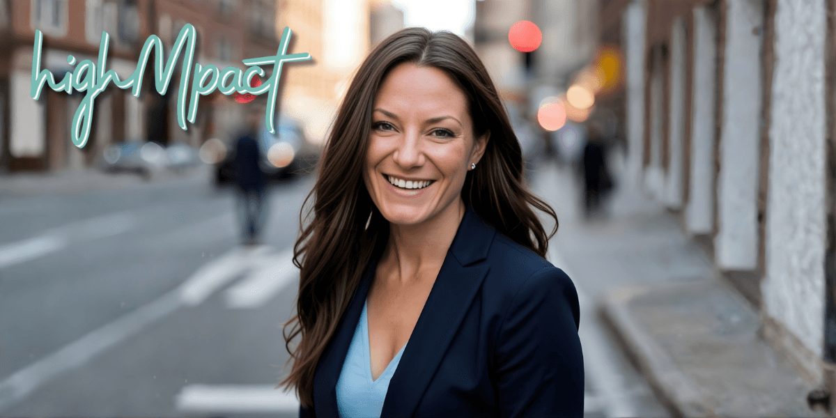 "Kalyca Zarich, founder of highMpact, standing confidently in a city setting, embodying the balance of sustainable business growth."