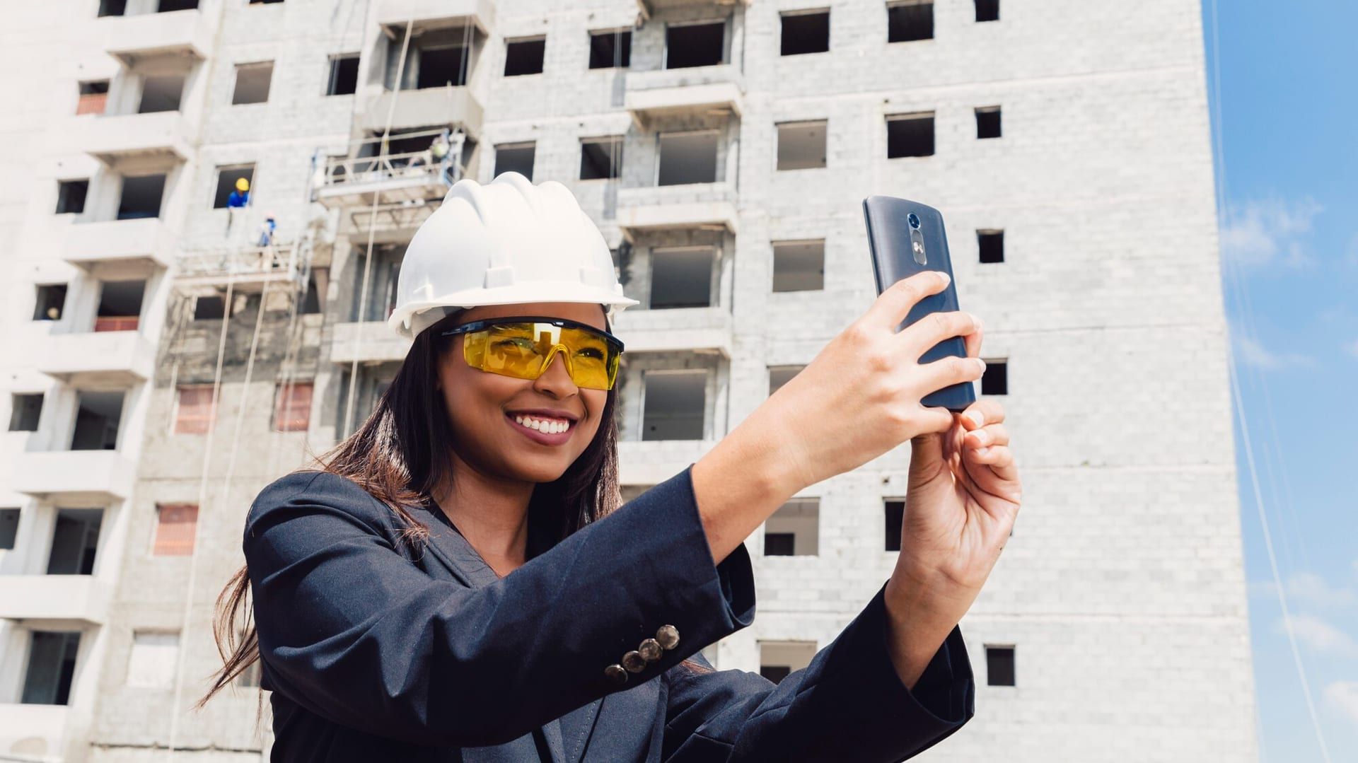 African American Lady Safety Helmet Taking Selfie Near Building Construction 23 2148039966