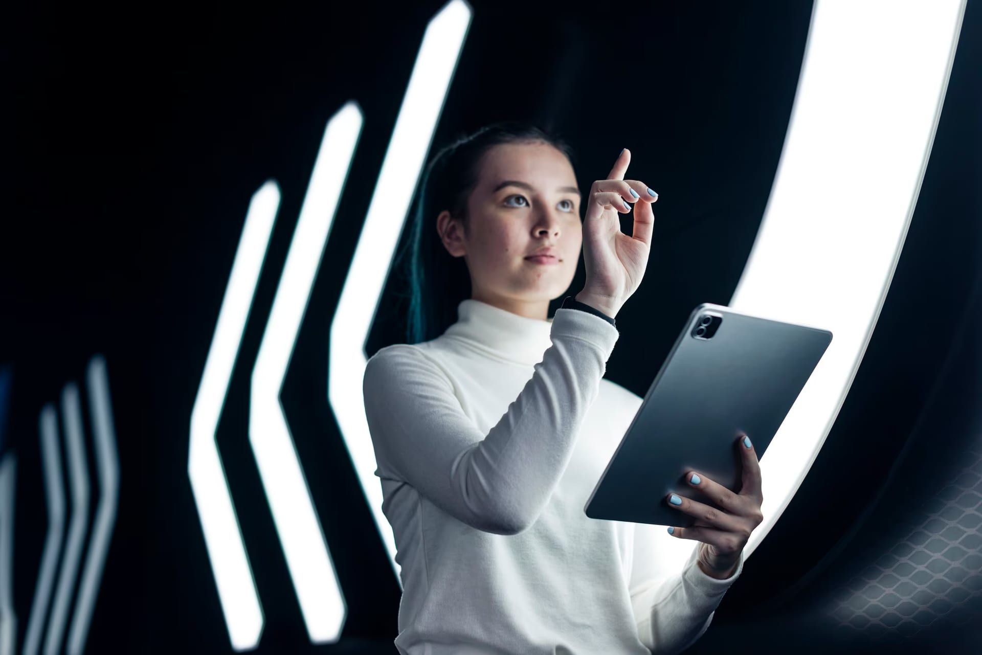 Asian Girl Pressing Digital Screen Futuristic Technology 53876 119718