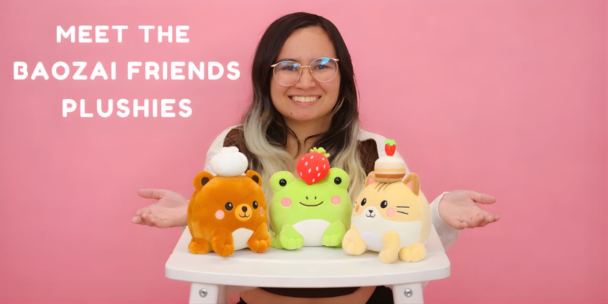 A woman poses with Baozai Friends plushies: a bear, frog, and cat with food toppings, representing creativity and compassion.