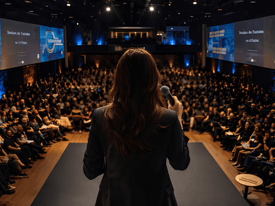 A speaker addresses a large audience in a well-lit conference hall.