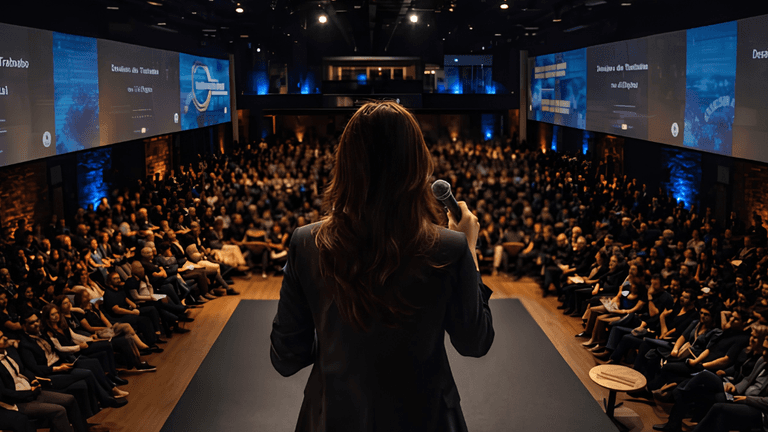 A speaker addresses a large audience in a well-lit conference hall.