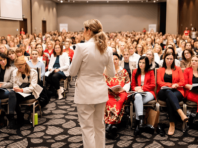 A speaker addresses a large audience of women at a conference or seminar