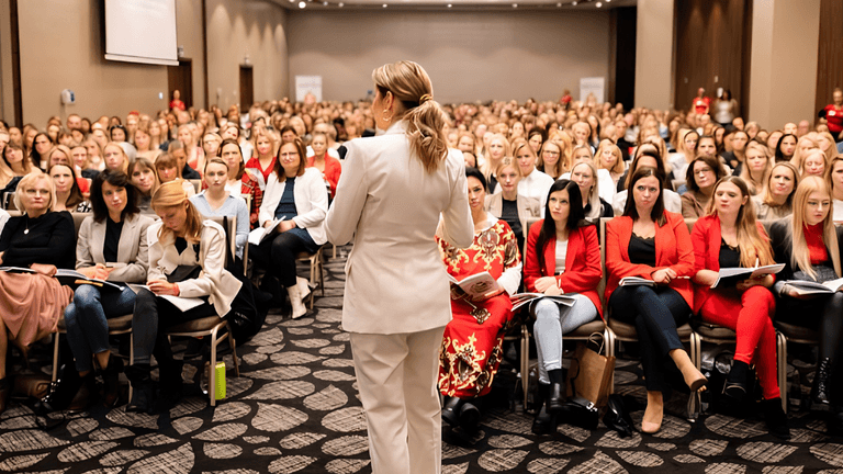 A speaker addresses a large audience of women at a conference or seminar