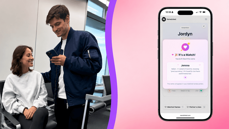 A man and woman interact while a phone displays a matching app interface.