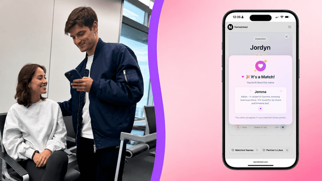 A man and woman interact while a phone displays a matching app interface.