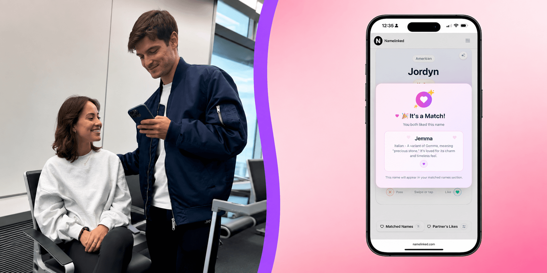 A man and woman interact while a phone displays a matching app interface.