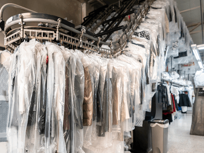 Clothes on hangers covered in plastic in a dry cleaning facility interior