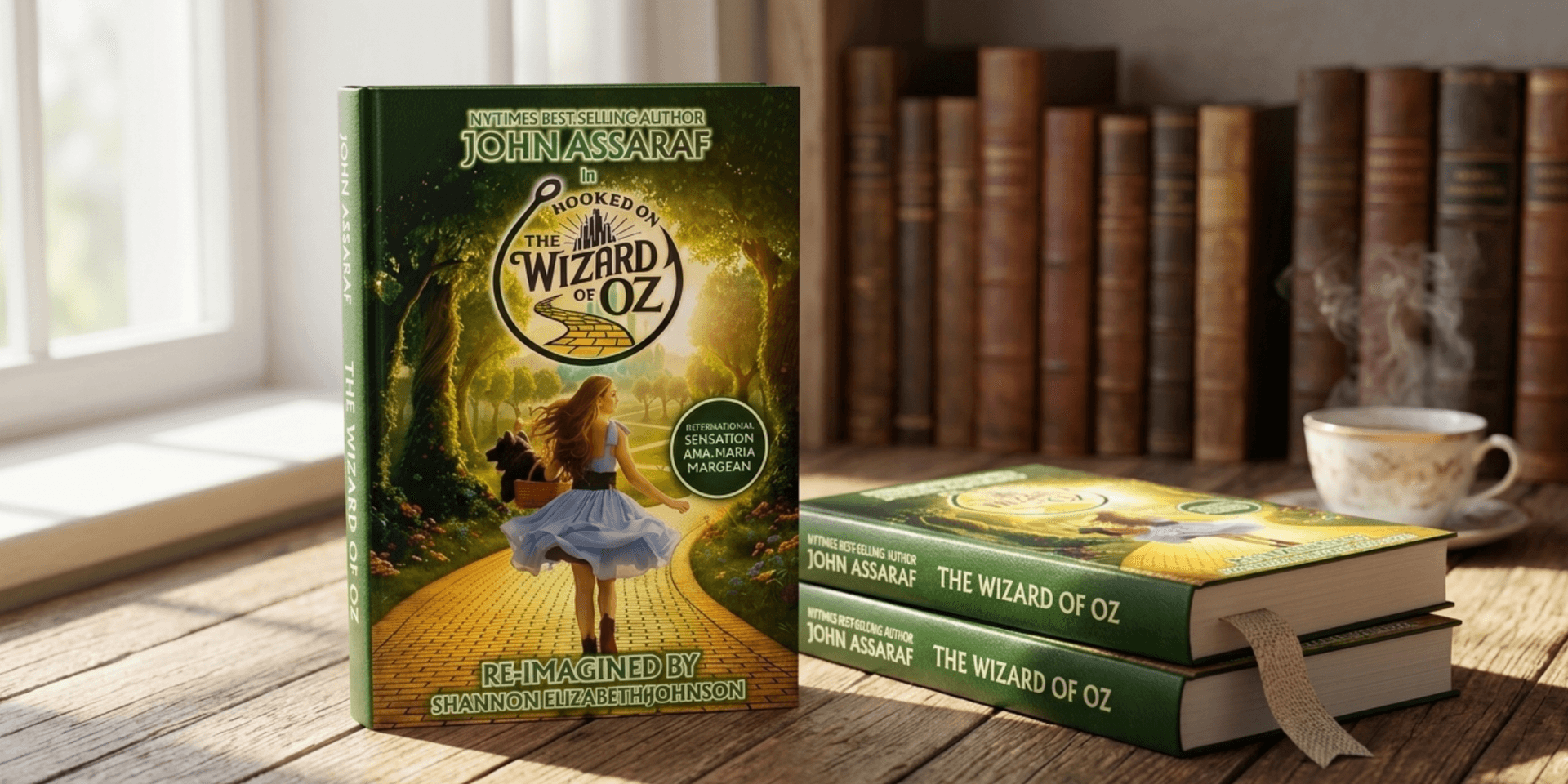 A book titled "Hooked on the Wizard of Oz" displayed next to stacked copies.