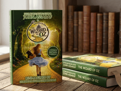 A book titled "Hooked on the Wizard of Oz" displayed next to stacked copies.