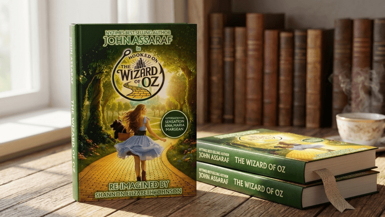 A book titled "Hooked on the Wizard of Oz" displayed next to stacked copies.