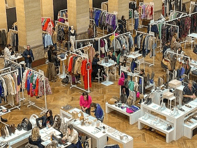 A bustling fashion exhibition featuring various clothing and accessory displays with attendees shopping.