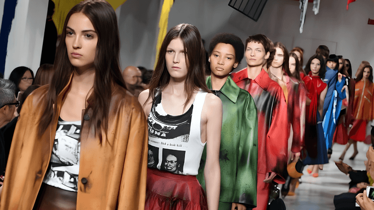 Models walking down a runway in colorful fashion during a clothing showcase