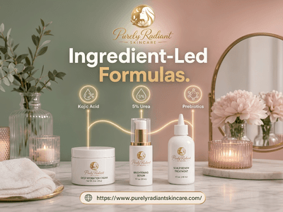 Elegant skincare display featuring products with kojic acid, urea, and prebiotics on a table