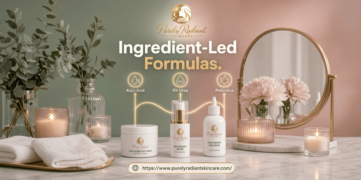 Elegant skincare display featuring products with kojic acid, urea, and prebiotics on a table