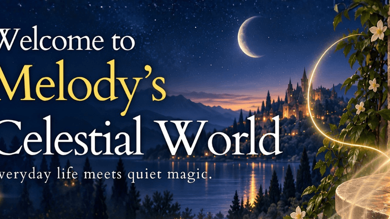 Text promoting Melody's Celestial World with a night scene featuring a castle and moon.