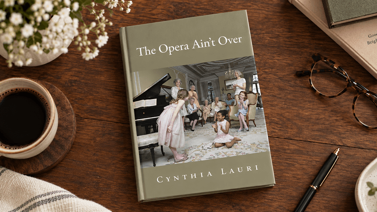 Book cover featuring a piano scene with children, titled "The Opera Ain't Over"