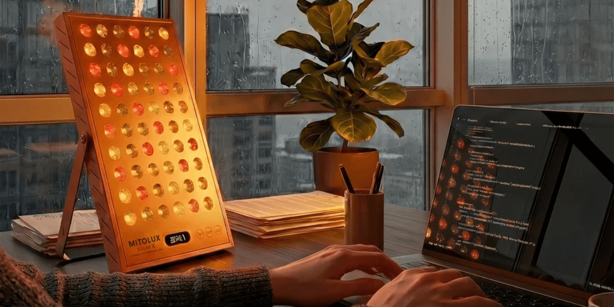 A person typing on a laptop beside a red light therapy device and a plant.