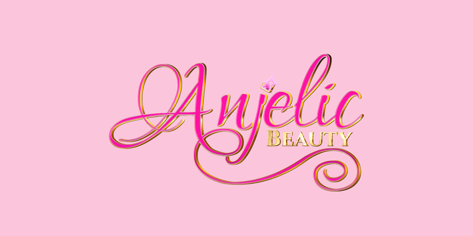 Text logo for Anjelic Beauty on a pink background in elegant script design